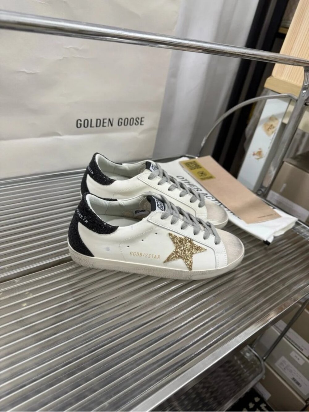 Golden Goose White Sneakers with Gold Glitter Star and Black Heel